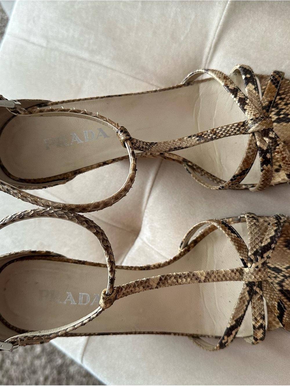 Prada Snake-Print Wedge Sandals in Beige and Brown - Picture 2 of 4